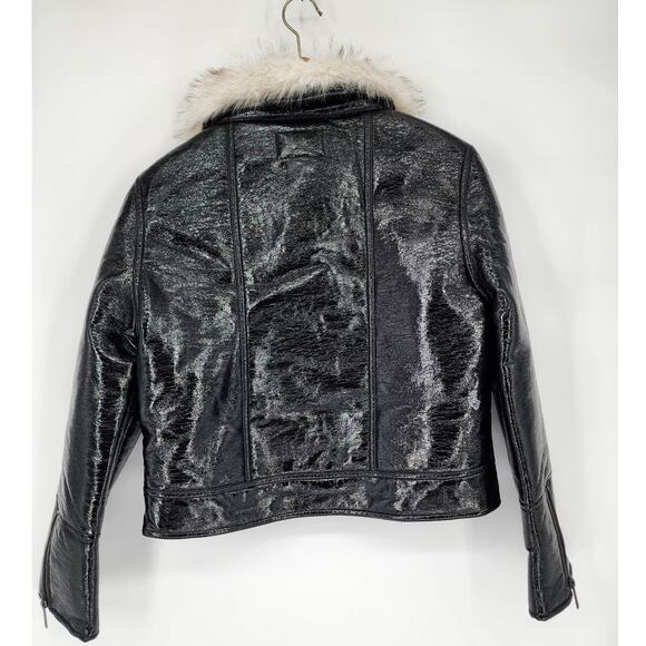 Unreal Fur Wet Look Aviator Jacket Black Faux Leather & Fur Collar Women’s S - Picture 3 of 7